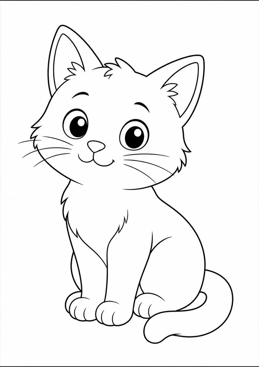 ภาพลายเส้นระบายสีแมวน่ารักนั่งอย่างสงบ