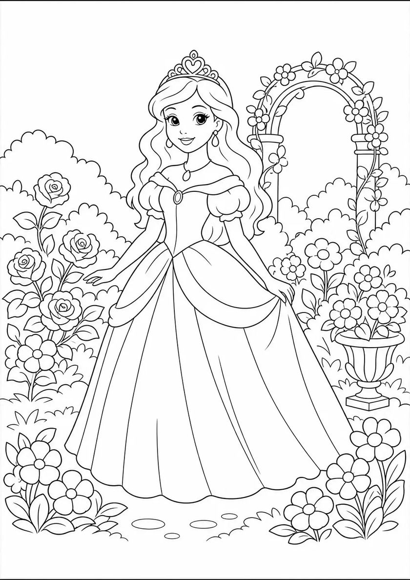 ภาพระบายสีเจ้าหญิงในสวนดอกไม้ ลายเส้นดำเป็นเส้นชัดเจน ช่องระบายสีปิด
