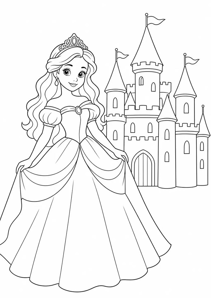 ภาพระบายสีเจ้าหญิงมีฉากหลังเป็นปราสาท ลายเส้นดำ เส้นขอบปิดชัด